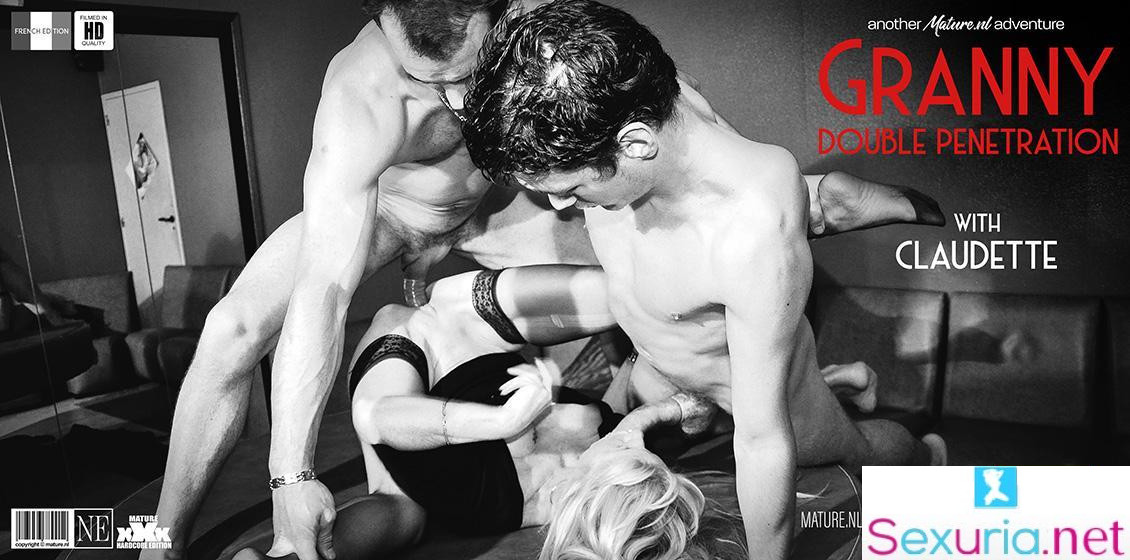 Mature NL - Claudette - Two young guys double penetrate a French cock hungry Granny 1080p